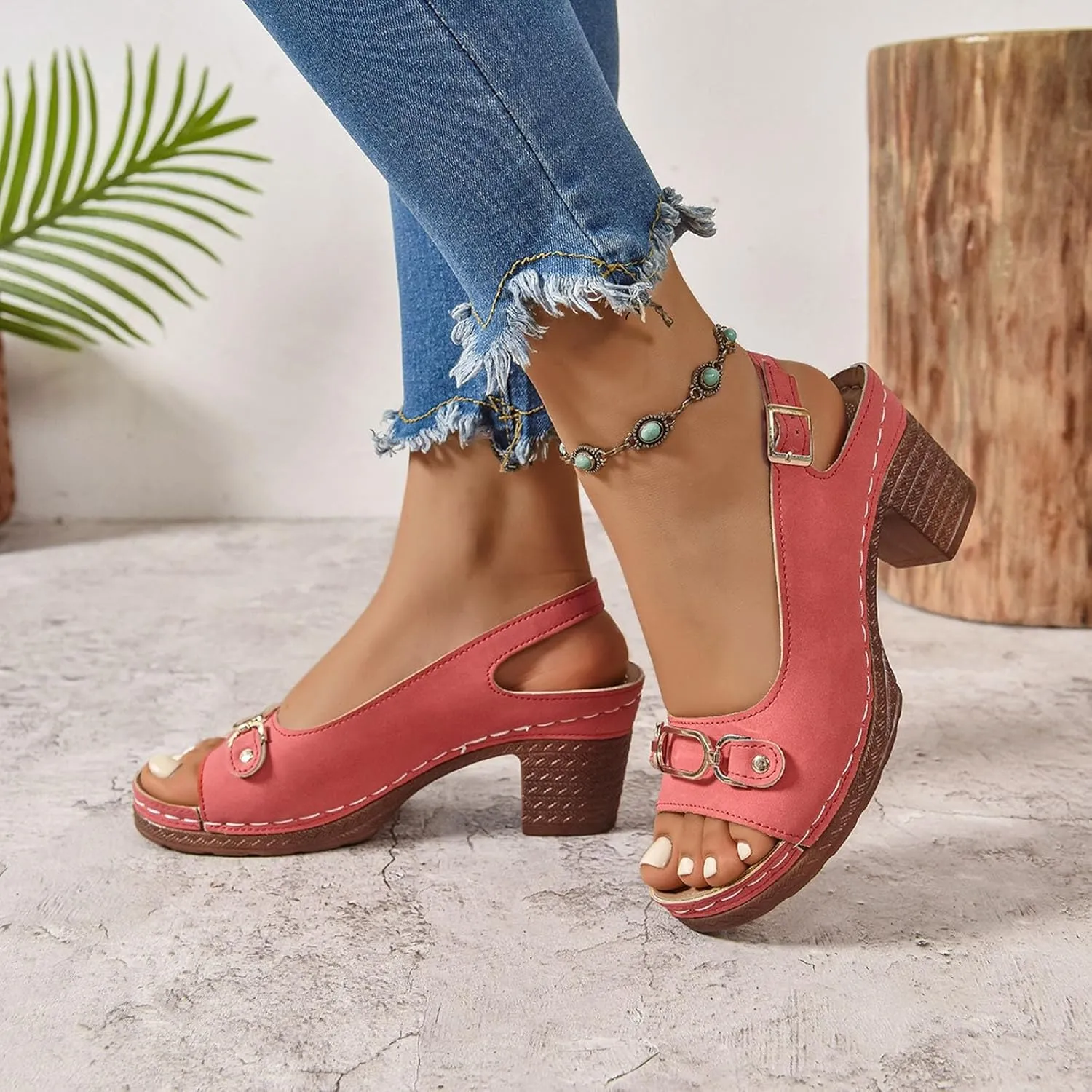 Block Heel Sandals for Women 2025 Summer Dressy Open Toe Ankle Buckle Strap Chunky Heeled Shoe Non Slip Casual Hollow Out Floral Decor Sandal Platform Wedge Vacation Party Wedding Shoes