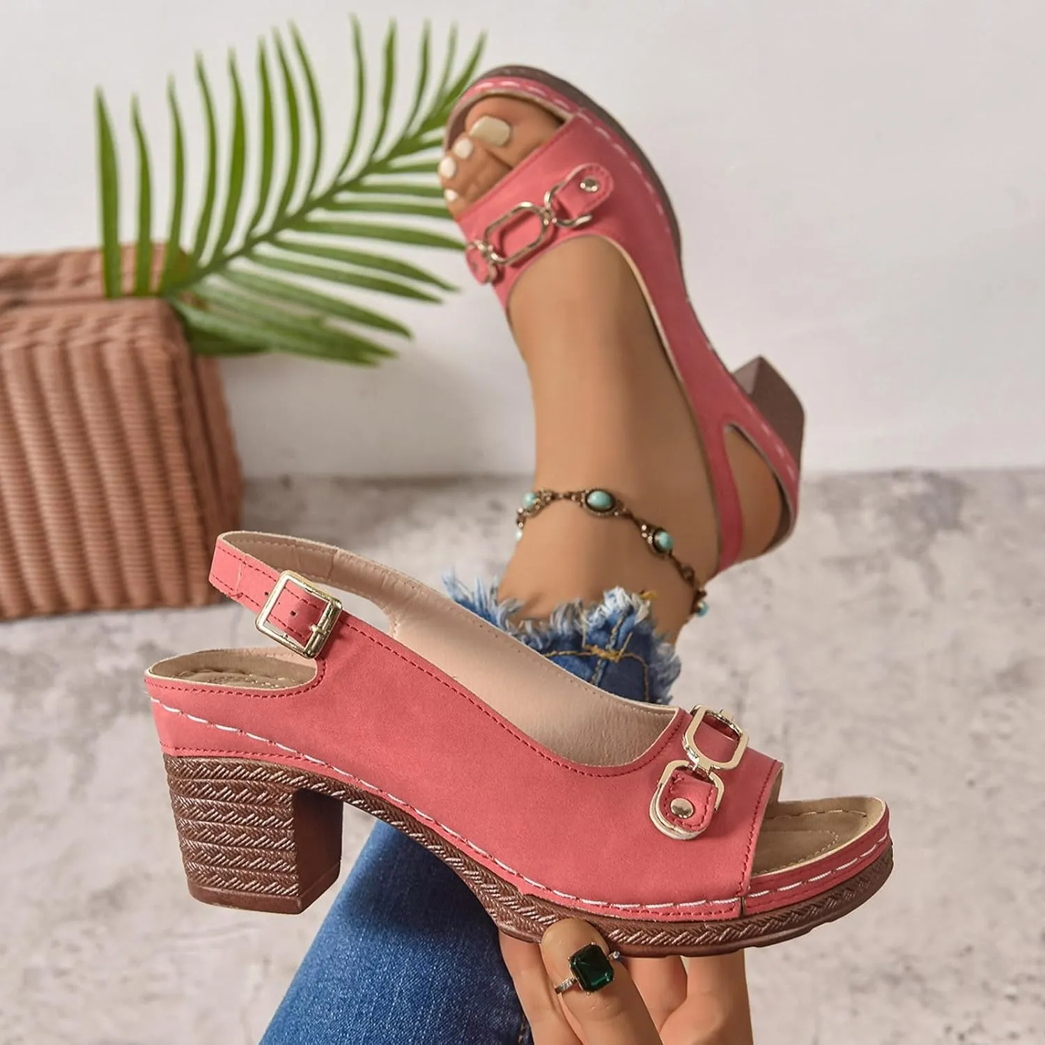 Block Heel Sandals for Women 2025 Summer Dressy Open Toe Ankle Buckle Strap Chunky Heeled Shoe Non Slip Casual Hollow Out Floral Decor Sandal Platform Wedge Vacation Party Wedding Shoes