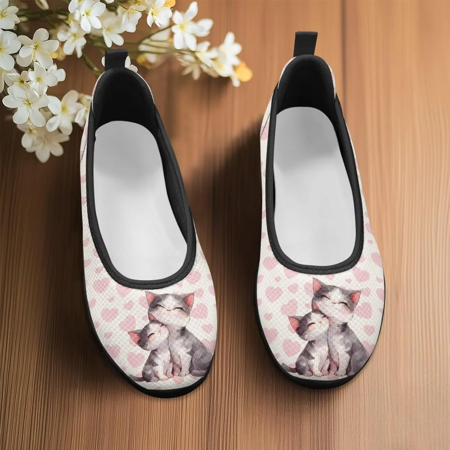 Driving Loafers Cat Print Women Shoes Comfortable Breathable Mesh Sneakers for Walking Running Lightweight Low Cut Tennis Shoe Loafer