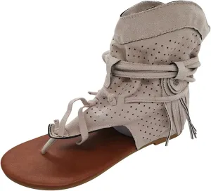 Eduavar Summer Sandals for Women, Sandals for Women Dressy Bohemian Gladiator Fringe Flat Clip Toe Ankle Boots