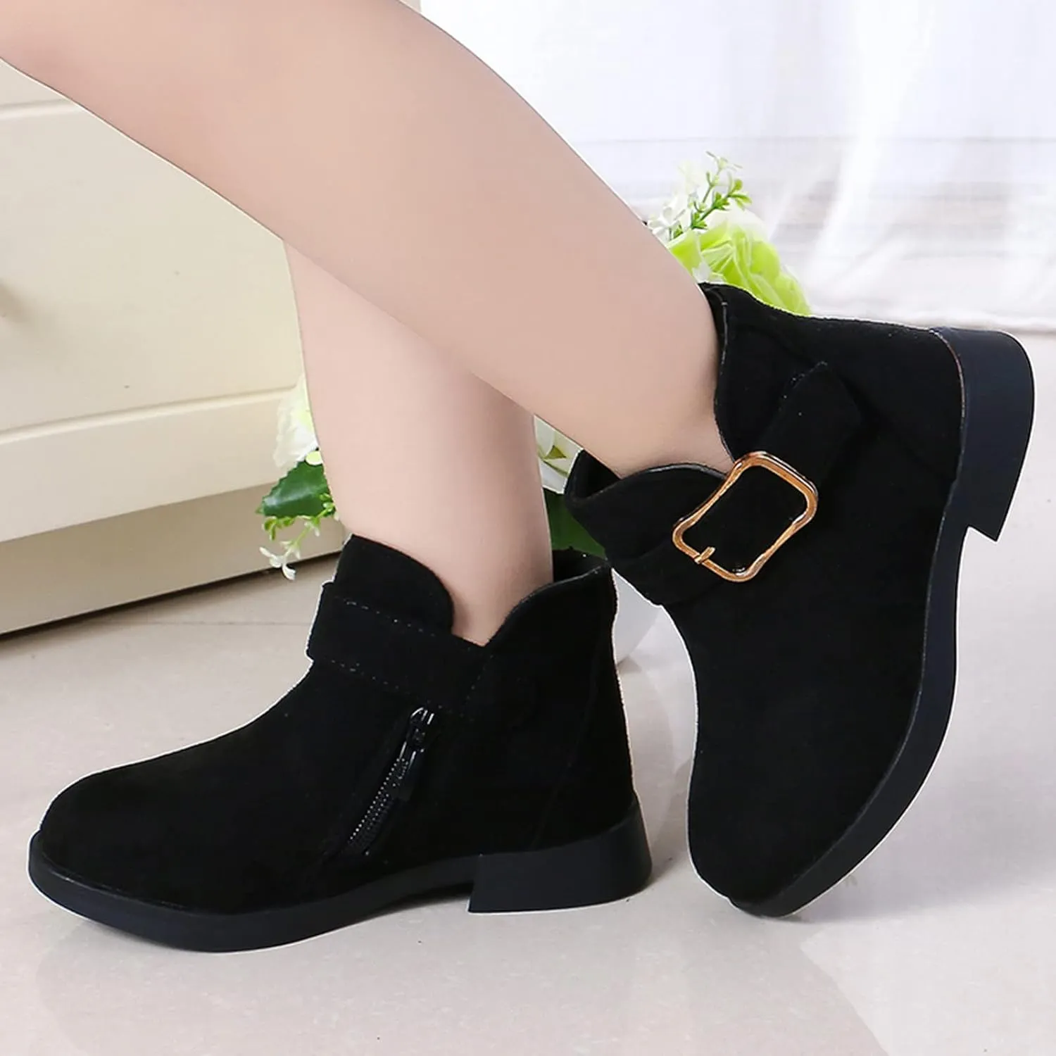Girl Boots Kids Ankle Boots Warm Side Zipper Boots Low Heel Short Booties Winter Snow Boots Anti-Slip Shoes