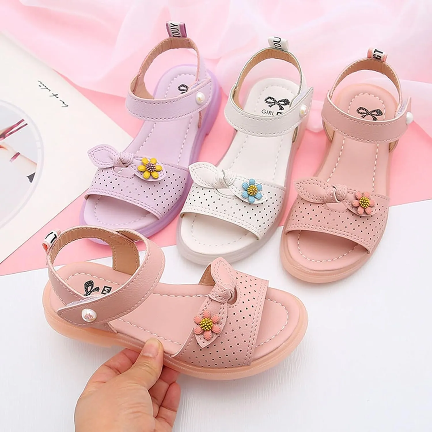 Girls Dress Sandals Kids Cute Floral Open Toe School Summer Casual Pearl Ankle Strap Princess Flat Sandal Shoes