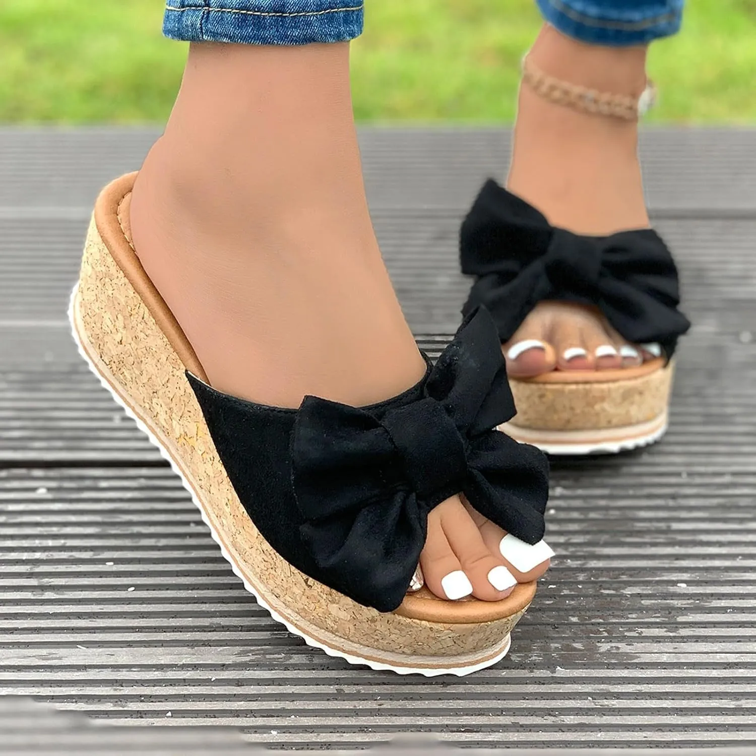 Slide Sandals for Women Plus Size Bow-Knot Platform Wedge Sandals Summer Dressy Outdoor Beach Sandal Comfortable Open Toe Non-Slip Walking Slippers