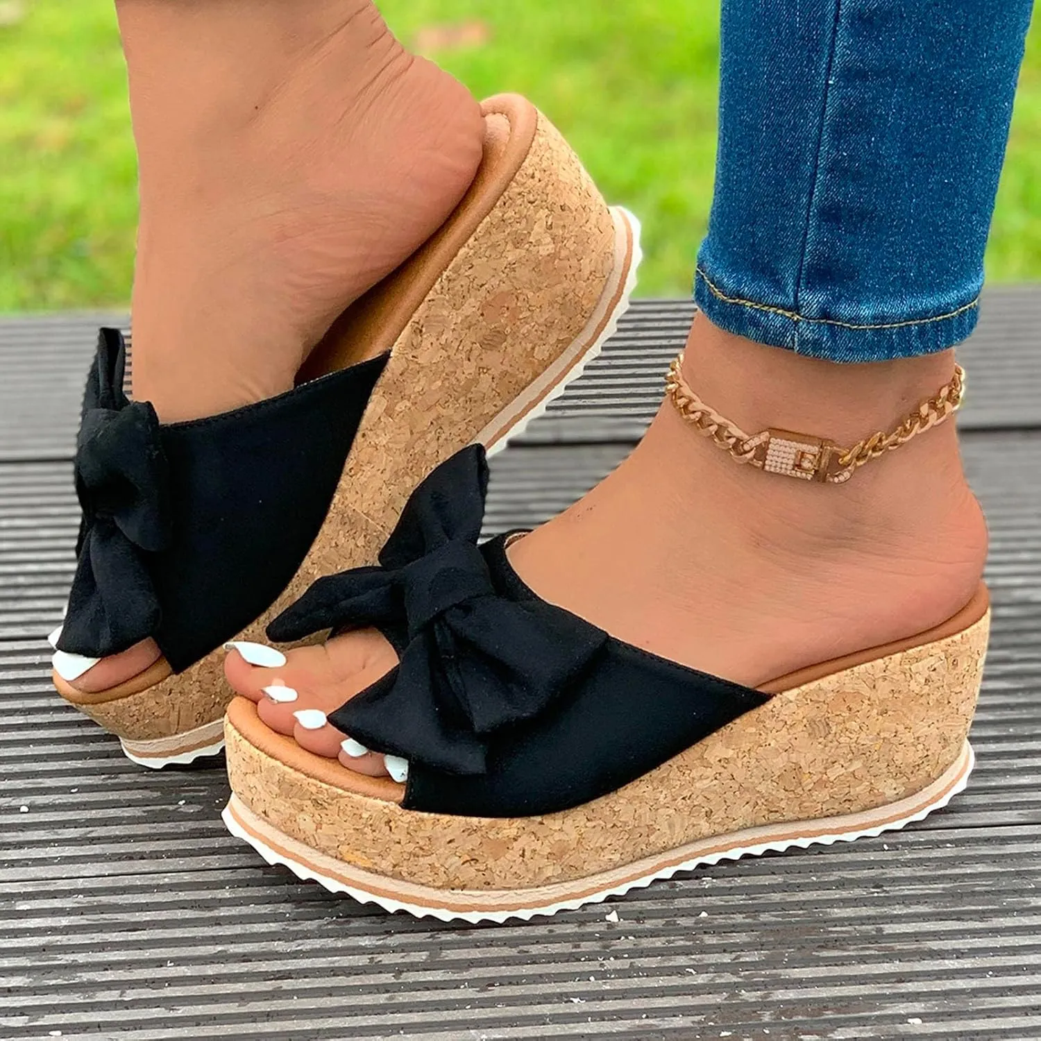 Slide Sandals for Women Plus Size Bow-Knot Platform Wedge Sandals Summer Dressy Outdoor Beach Sandal Comfortable Open Toe Non-Slip Walking Slippers