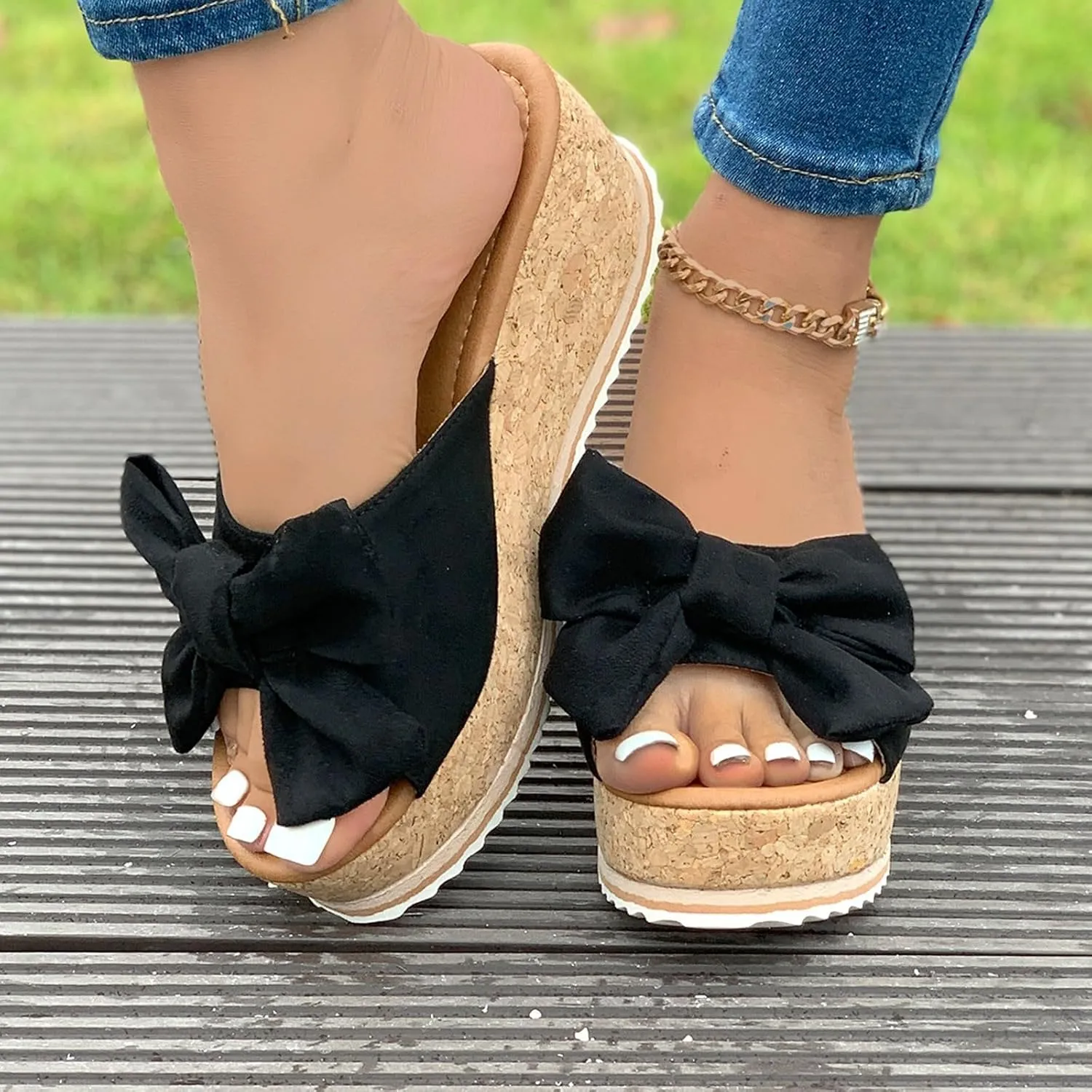 Slide Sandals for Women Plus Size Bow-Knot Platform Wedge Sandals Summer Dressy Outdoor Beach Sandal Comfortable Open Toe Non-Slip Walking Slippers